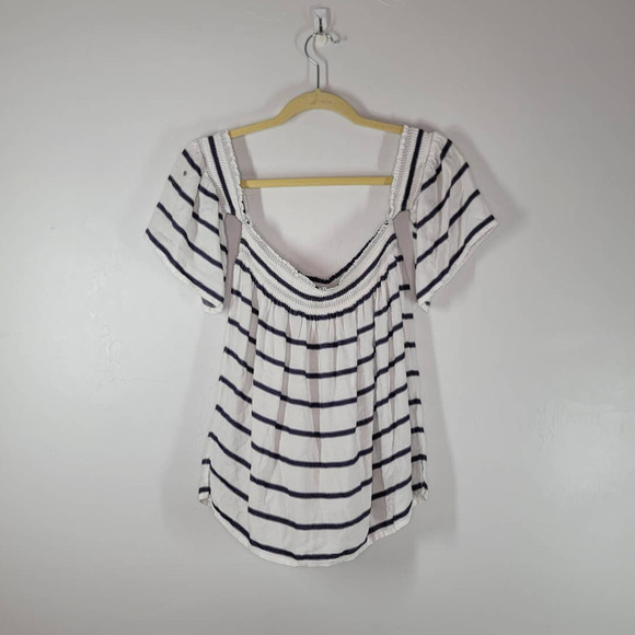Rails Isabelle Off-the-shoulder Top S Smocked Neck Blouse White Royal Stripe - Picture 3 of 8
